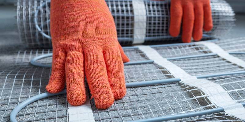Hands installing underfloor heating